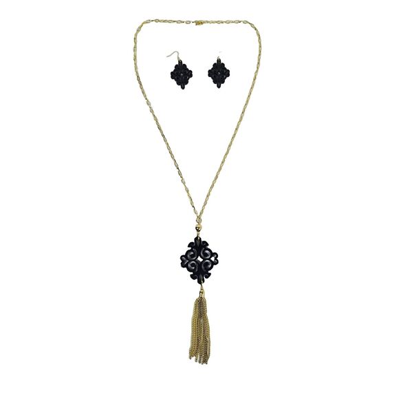 Black Filigree Medallion Necklace & Earring Set with Gold Chain & Tassel Accent - Picture 1 of 4